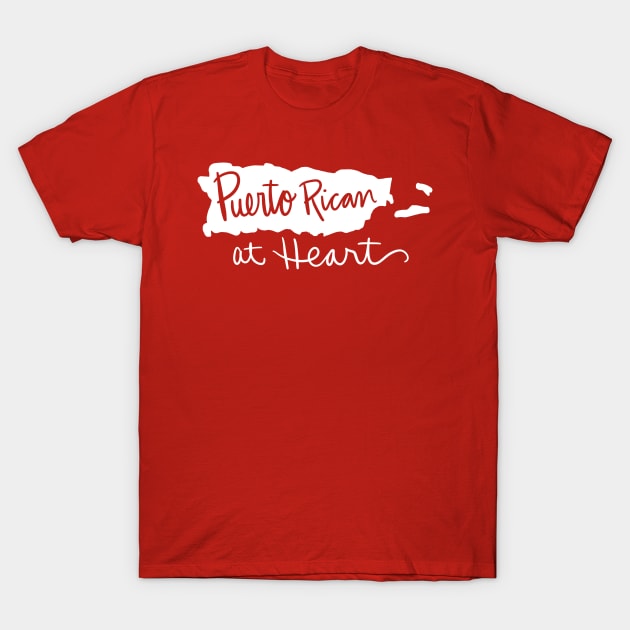 Puerto Rican At Heart: Puerto Rico State Pride Calligraphy State Silhouette T-Shirt by Tessa McSorley